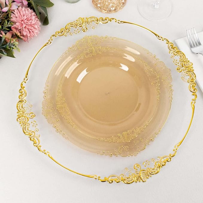 10" Dinner Plates -Set of 20 - Plastic Transparent Gold Round Baroque Disposable Chargers Leaf Embossed Rim, Ideal for Dinner Party Wedding Bulk Events