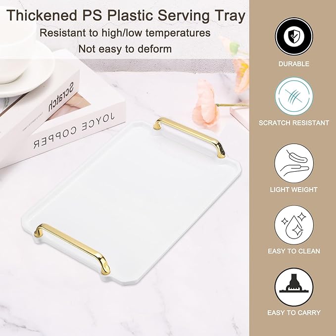 PATIKIL 12 x 8.6 Inches Plastic Serving Tray with Golden Handles, Reusable Tray Rectangular Party Platters for Dessert Coffee Tea Table, Living Room Kitchen Countertop, White