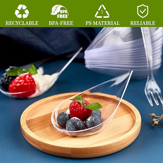 TOFLEN 100ct 4 Inch Tear Drop Mini Appetizer Plates, with Tasting Forks, Reusable Mini Desserts and Appetizers Dishes Tiny Serving Plate - Asian Spoon Set