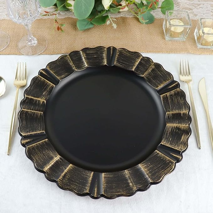 Efavormart Set of 6-13" Round - Black Plastic Charger Plates With Waved Scalloped Rim for Wedding, Outdoor Receptions, Banquets, Holiday Dinner plates Chargers