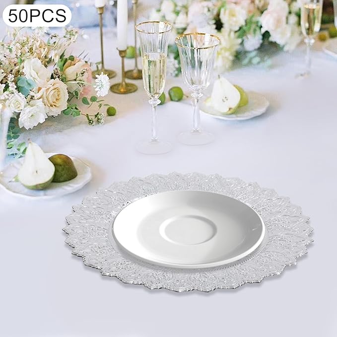 50 Pcs Antique Charger Plates Bulk 13 Inch Embossed Rim Plastic Party Dinner Plate Chargers Round Decorative Server Plate for Wedding Party Event Tableware (50PCS-Silver3)