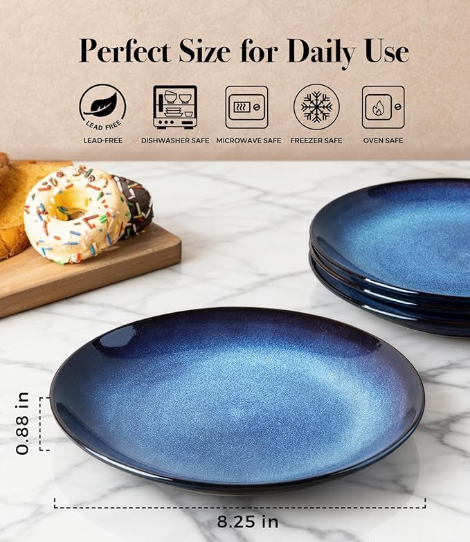 LERATIO Ceramic Dinner Plates Set of 6, 8.0 Inch Handmade Reactive Glaze Porcelain Plates, Coupe Shape Dinnerware Dishes Set for Kitchen,Oven& Microwave & Dishwasher Safe, Scratch Resistant-Blue