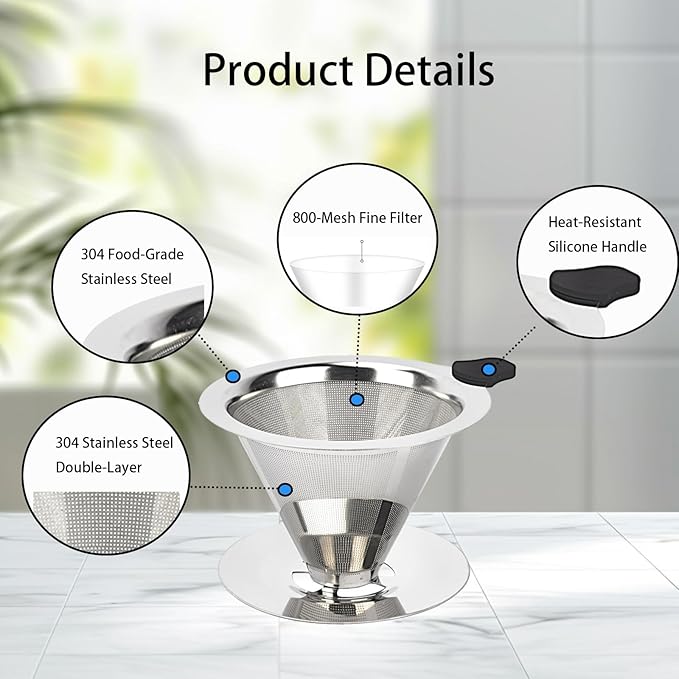 Stainless Steel Coffee Filter,Pour Over Coffee Dripper Paperless， Reusable Coffee Filter, Metal 800 Mesh