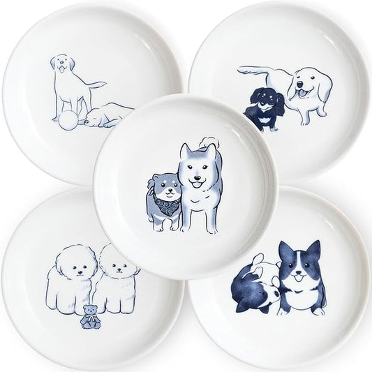 Cute dogs plates,Japense dish Mino ware,Blue glaze,Sushi Soy source dish Set of 5