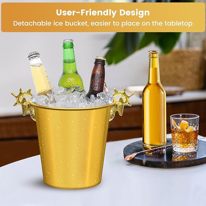 Ice Bucket with Stand,Gold Stainless Steel Champagne Ice Bucket,Deer Head Handle Wine Chiller Bucket for Christmas Wedding Bars,5L Wine Bucket on Stand for Cocktails Beer Sparkling Wine