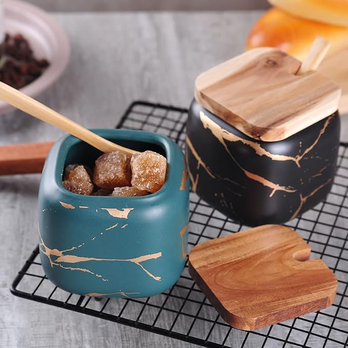 VanEnjoy Decorative Marble Inlay Glaze Ceramic Sugar Spice Containers Porcelain Jar with Bamboo Lid and Spoon Condiment Jar for Home