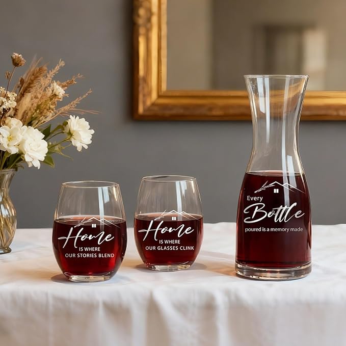 AW BRIDAL House Warming Gifts New Home Wine Glasses and Decanter Set, 2025 Closing Gifts for Home Buyers and Homeowner, New Apartment Gift Basket for Women Friend, First House Gift for Couple Newlywed
