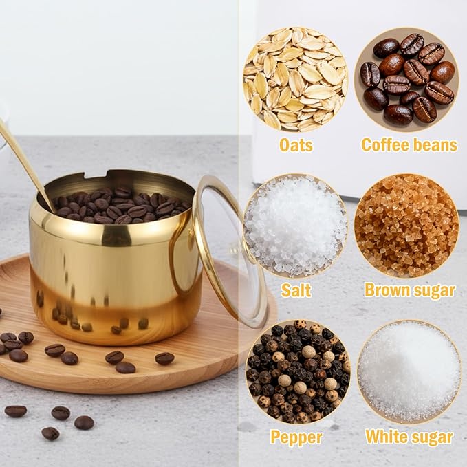 Gold Sugar Bowl with Glass Lid and Spoon, 10oz Capacity Stainless Steel Sugar Container Round Kitchen Storage Pot Coffee Bar Accessories for Kitchen Storage, Salt, Candy, Coffee Beans
