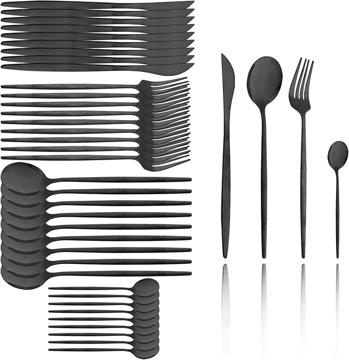 40 Pcs Mirror Polish Silverware Set, Large Set 18/10 Stainless Steel Flatware Cutlery Set For Home Daily Use/Wedding Party/Restaurant, Utensils Set Service For 10 (Black)