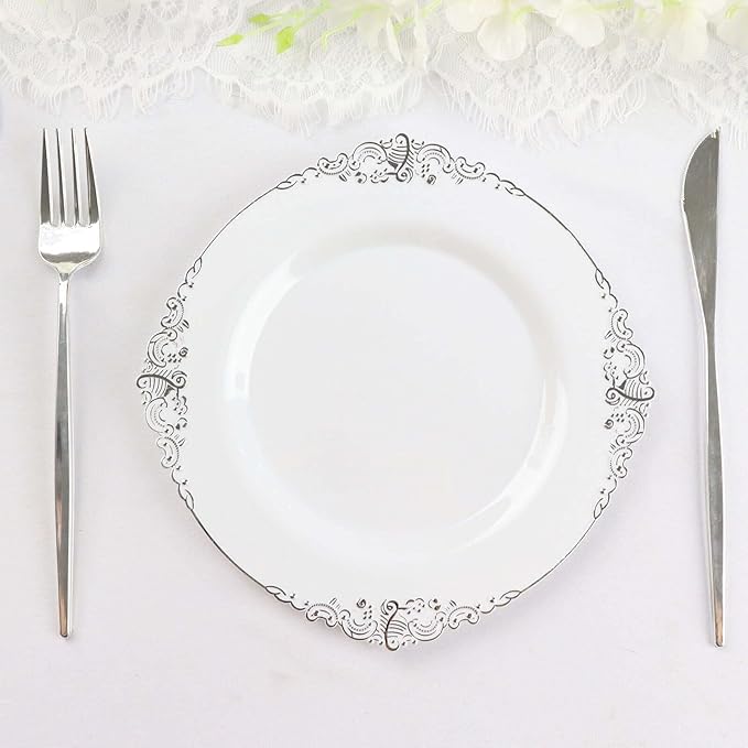 8" Salad Plates -Set of 30 - Plastic White Silver Round Baroque Disposable Chargers Leaf Embossed Rim, Ideal for Dinner Party Wedding Bulk Events