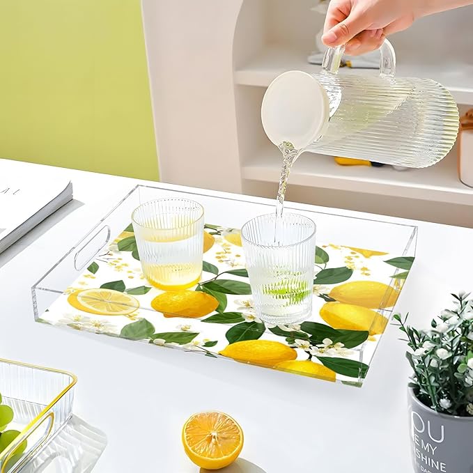 Serving Tray with Handles Clear Acrylic Tray 12x16 Inch Decorative Rectangular Tray Organizer for Ottoman Coffee Table Bathroom Yellow Lemon Flowers