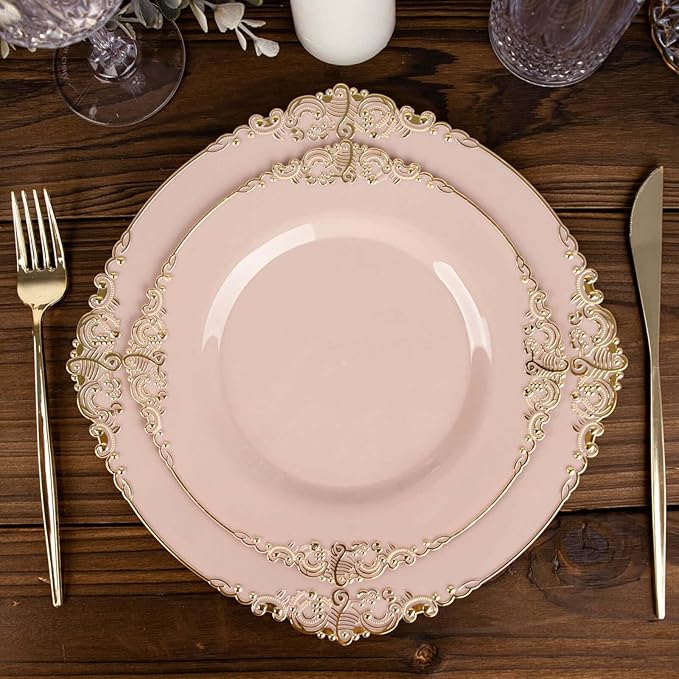 8" Salad Plates -Set of 30 - Plastic Blush Round Baroque Disposable Chargers Leaf Embossed Rim, Ideal for Dinner Party Wedding Bulk Events