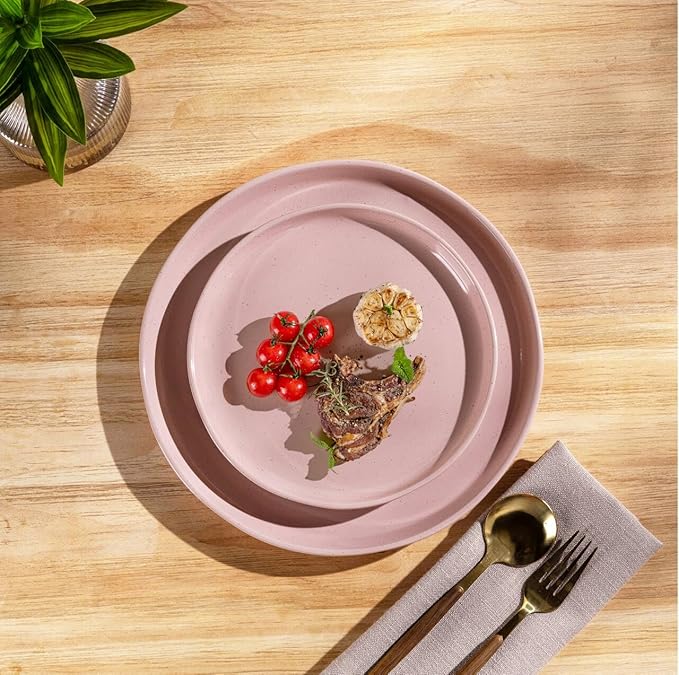 GBHOME 24-Piece Ceramic Dinnerware Set for 6, Handpainted Plates, Pasta Bowls & Bowls Set with Rustic Terracotta Underside, Scratch-Resistant, Dishwasher & Microwave Safe,Speckled Glaze Pink