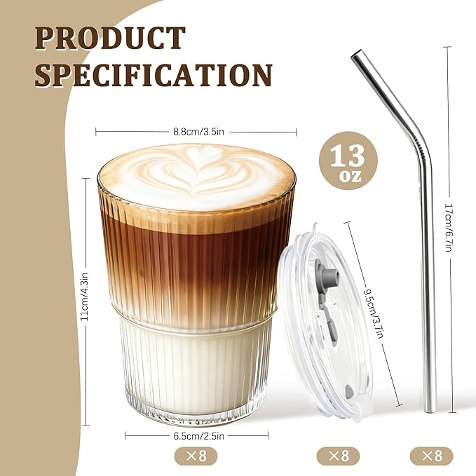 8 Packs Ribbed Glass Tumbler with Lid and Straw Ice Coffee Cup Kitchen Gadgets First Apartment Essentials New Home Must Haves Things Stuff Accessories House Warming Housewarming Hostess Host Gift