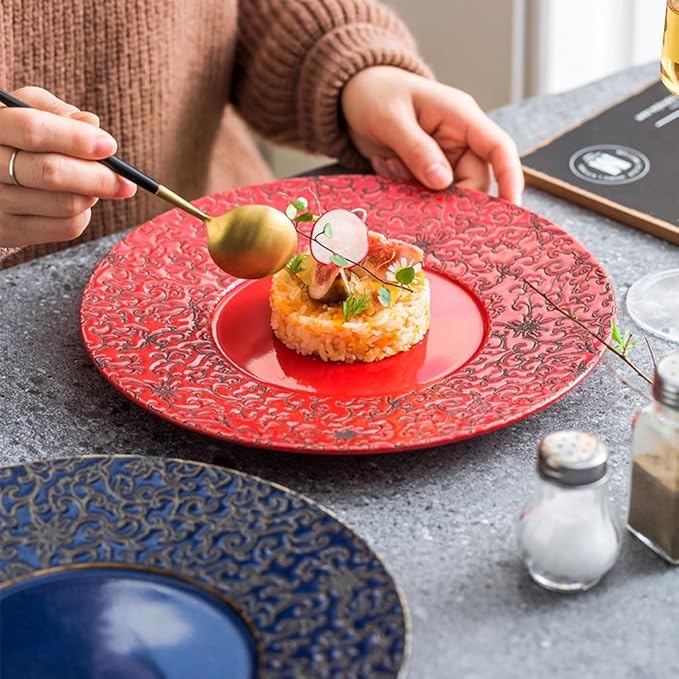 SONGCHAO Party Supplies Red Plate Ceramic Dish Plate Home Chinese Creative Tableware Steak Western Plate Party Plates (Color : B)