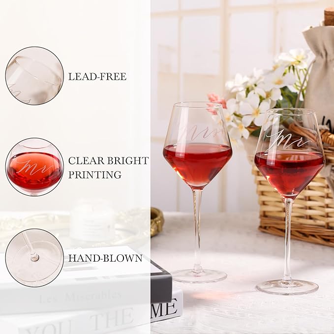 2025 Mr & Mrs Wine Glasses Gift Set with Memory Box,Wine Bag, Greeting Card – Engagement, Wedding & Newlywed Gifts for Couples, Just Engaged Gifts for Women, Christmas Couple Present