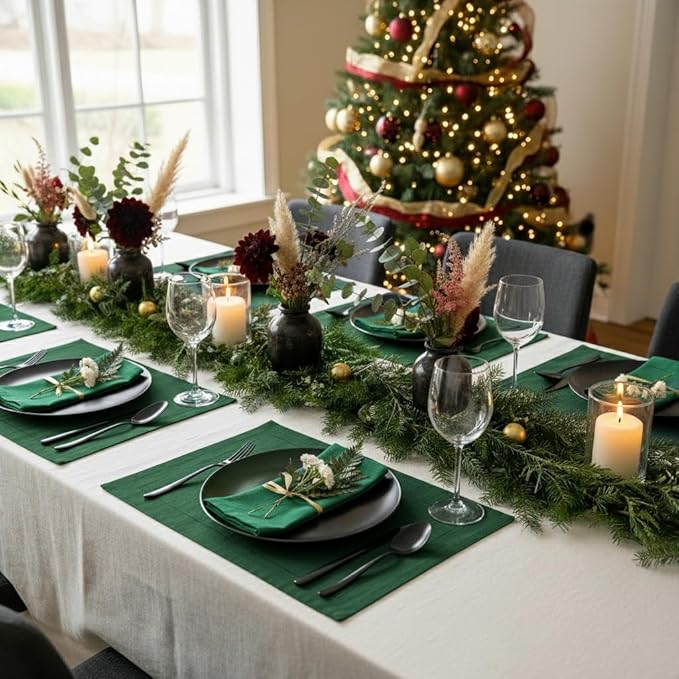 D'Moksha Homes Linen Forest Green Placemats Set of 4-100% Pure Linen Placemats 14 x 19 Inch for Winter, Christmas, Holiday, New Year - Handcrafted and Machine Washable