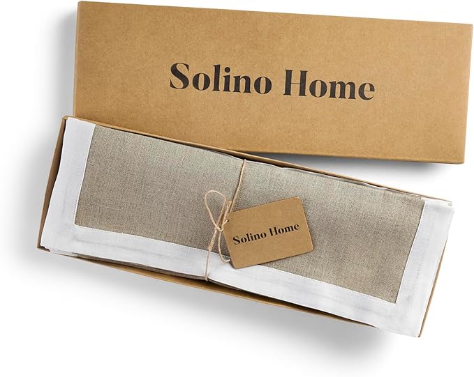 Solino Home Linen Cloth Placemats Set of 4-100% Pure Linen White and Natural Placemats 14 x 19 Inch for Winter, Holiday - Classic, Handcrafted and Machine Washable