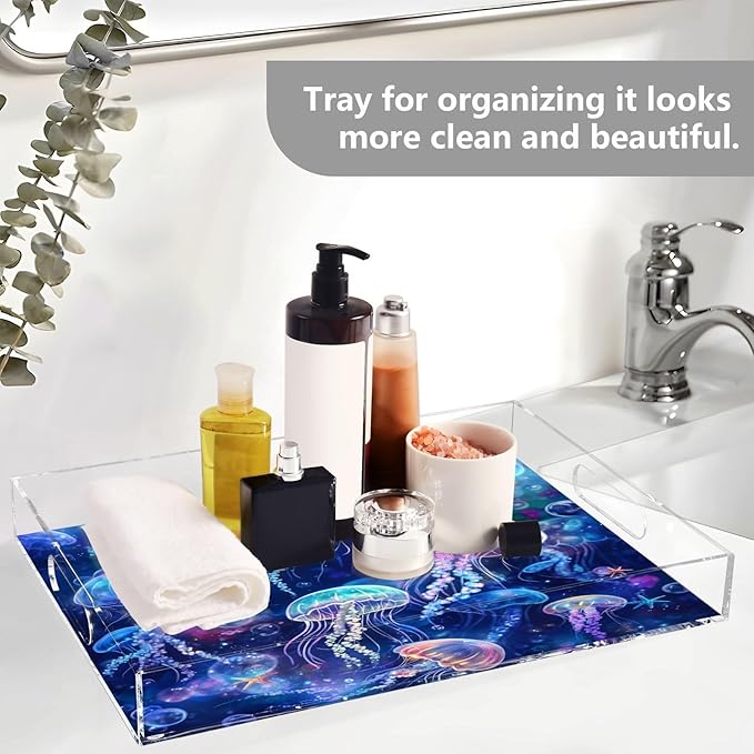 Serving Tray with Handles Clear Acrylic Tray 12x16 Inch Decorative Rectangular Tray Organizer for Ottoman Coffee Table Bathroom Vivid Jellyfishes Bubbles and Starfishes