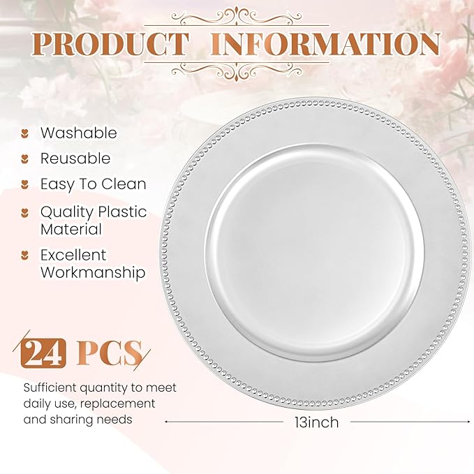 24 Pcs Silver Charger Plates Bulk,13" Round Beaded Plate Chargers for Dinner Plates, Decorative Dinner Charger Plastic Table Chargers for Wedding Holiday Party Baby Shower Event Decoration (Silver)