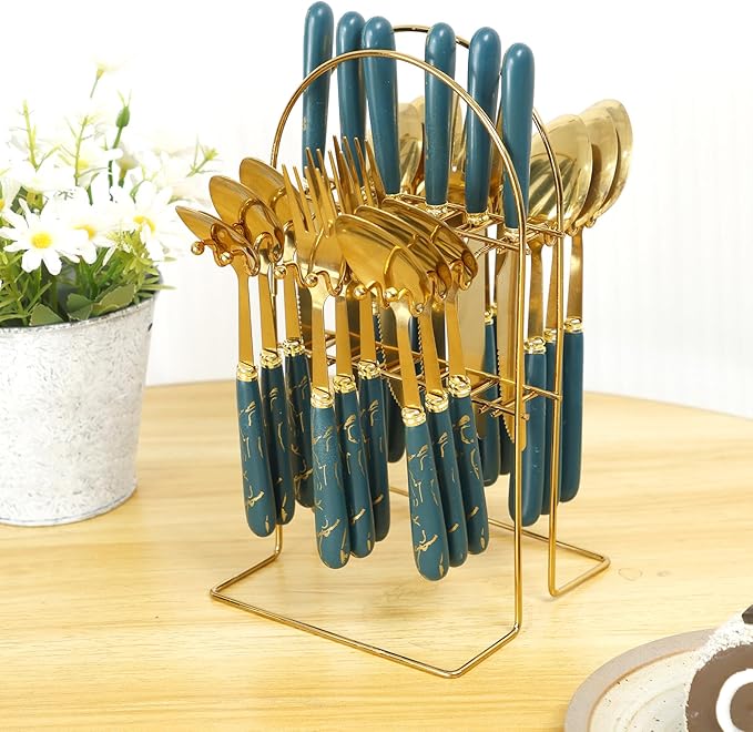 24 Pcs Silverware Set with Hanging Holder, Stainless Steel Flatware Set, Kitchen Utensil Tableware Set with Stainless Steel Knives and Forks and Spoons, Mirror Polished, Dishwasher Safe (Green)