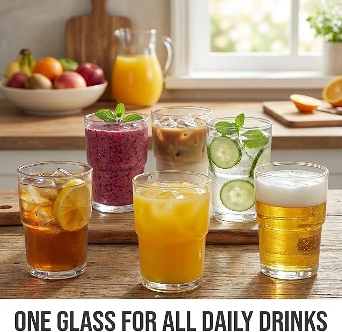 BenRain Stackable Drinking Glasses (Set of 6) – 13oz Clear Glass Cups for Iced Coffee, Juice & Beer – Modern Space Saving Highball Tumblers with Smart Non-Stick Design – Heavy Base & Dishwasher Safe