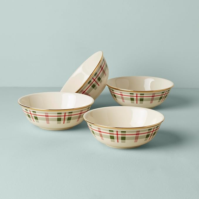 Lenox 894965 Holiday Plaid All-Purpose Bowls, Set of 4, 20 oz, Christmas Dinnerware
