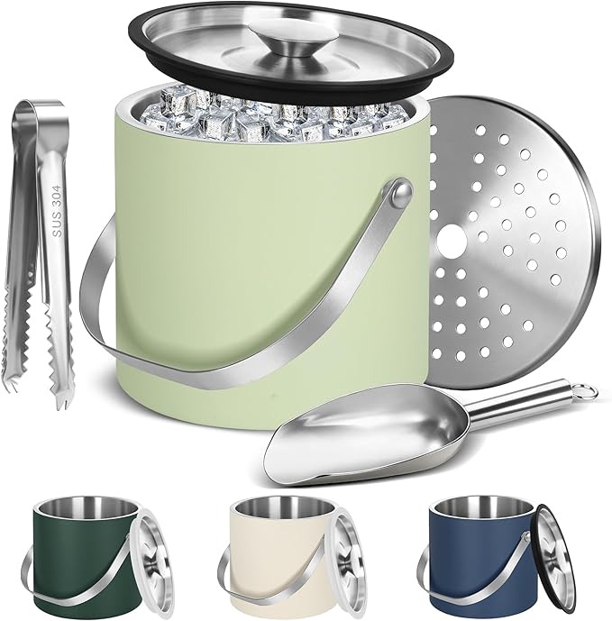 Ice Bucket, Ice Bucket with Silicone Sealing Ring Double-Wall Vacuum Insulation Champagne Buckets with Filter Layer Ice Tongs Ice Scoop (Light Green, 4 L)