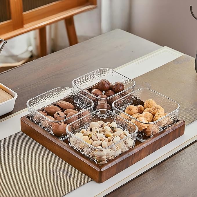 Premium Walnut Snack Tray with Lid, Glass Divided Fruit & Nut Bowl Set, Wooden Coffee Table Serving Tray for Candy, Dried Fruit, Desserts, Condiments, Charcuterie & Home Entertaining (4)