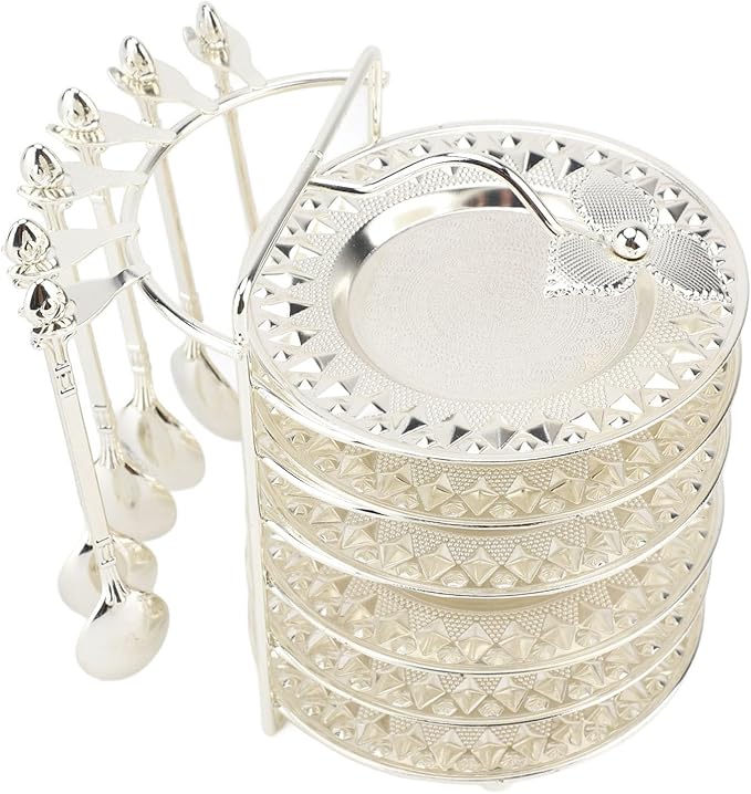 Zerodis European Style Food Plate, Zinc Alloy Snack Storage Platter Set with Spoon, Elegant Serving Tray for Steaks Pasta Fruits At Parties (Silver)
