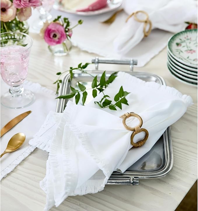 Solino Home White Linen Dinner Napkins 20 x 20 Inch - 100% Pure Linen Juliette Ruffle Cloth Napkins Set of 4 for Christmas, New Year - Handcrafted and Machine Washable