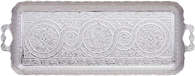 Alisveristime Turkish Ottoman Coffee Tea Beverage Serving Rectangle Tray (Small Tray) (13 INC*5.5 INC) (Silver)