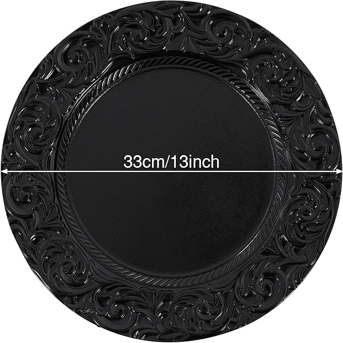 50 Pcs Antique Charger Plates Bulk 13" Round Floral Chargers for Dinner Plates, Black Charger Plates for Wedding, Party, Elegant Tabletop Decor (Black)