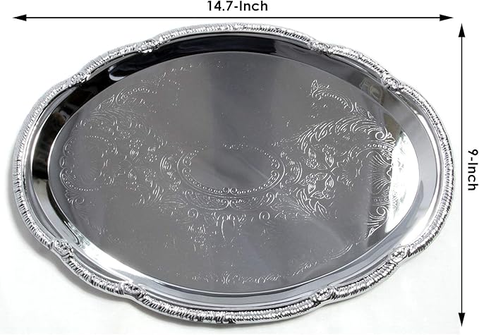 (Pack of 4) 14.7" x 10.6" Oval Shape Chrome Plated Serving Tray Plate Food Art Deco Floral Pattern Engraved Multi-Purpose Holiday Party Buffet Wedding Birthday (Large) T125L-4PK