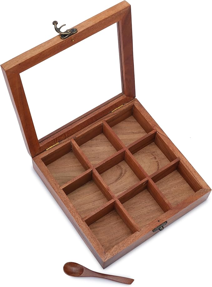 Ajuny Wooden Spice Box 8x8 Inch - Decorative Masala Dabba Organizer with Glass Lid, 9 Fixed Compartments & Spoon, Spice Storage Container, Ideal for Seasonings & Herbs, Perfect for Gift