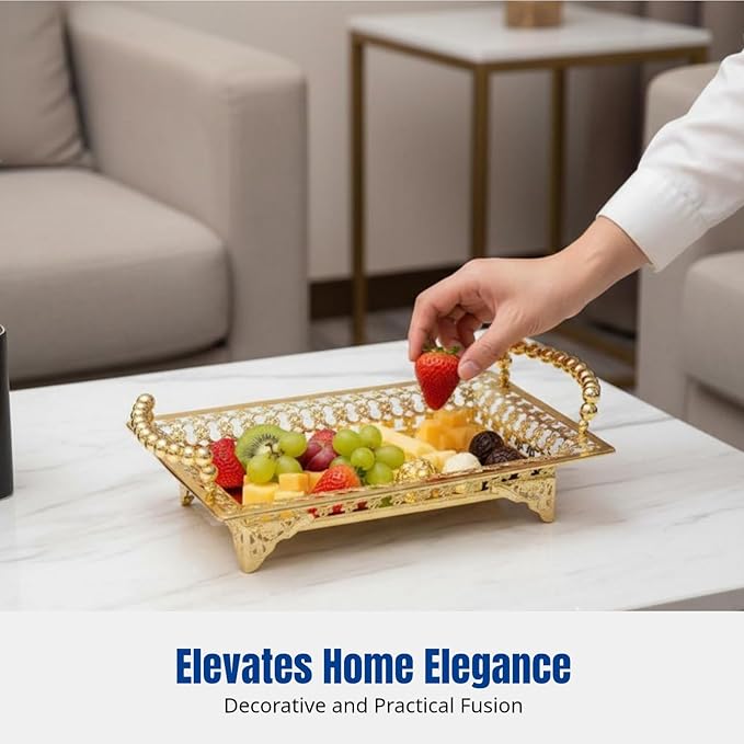 Serving Tray with Handle Dessert Cake Stand Vanity Table Tray Fruit Basket Elegant Serving Platter for Dessert, Gold
