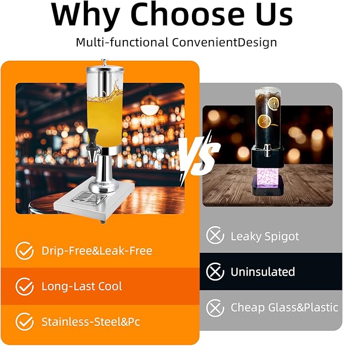 1 Gallon Commercial Beverage Dispenser with Centre Ice Core and Stand Drip Trays Stainless Steel Cold Drink Dispenser for Parties Pub Cafeteria Restaurant Home Hotel (silver, single head)