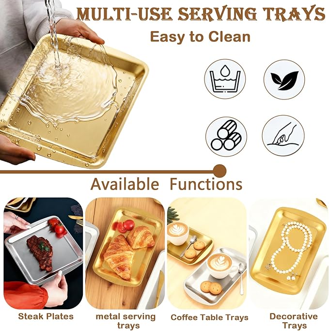 Gold Serving Platters for Coffee Table, 304 Stainless Steel Rectangle Plates, Sizzle Tray for Camping,BBQ,Party,Buffet,Appetizer,Bathroom Supplies, 9.2x8.3Inch