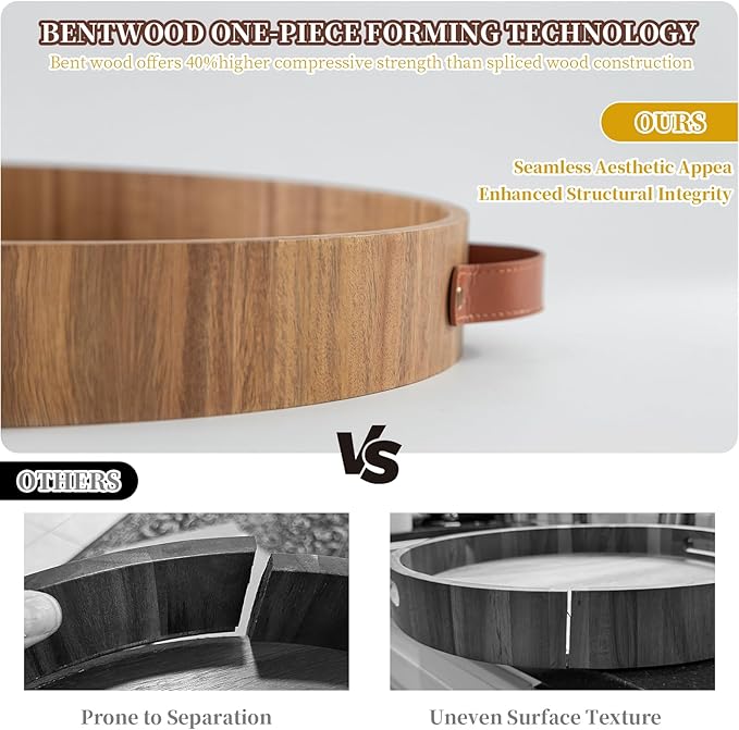 Ottoman Tray with Handles, 20 Inches Round Large Tray for Ottoman Wooden Serving Tray Decorative Trays for Living Room Wooden Trays for Party, Dinner, Breakfast, Appetizers, Entertaining Guests