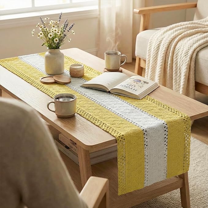 Artoid Mode Yellow Farmhouse Rustic Table Runner, Seasonal Hollow Kitchen Dining Table Decoration for Home Party Decor 12x120 Inch