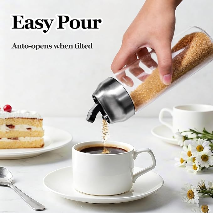 Glass Sugar Dispenser Shaker Set for Coffee, Tea, Milk, 14 OZ, (2 Pack)