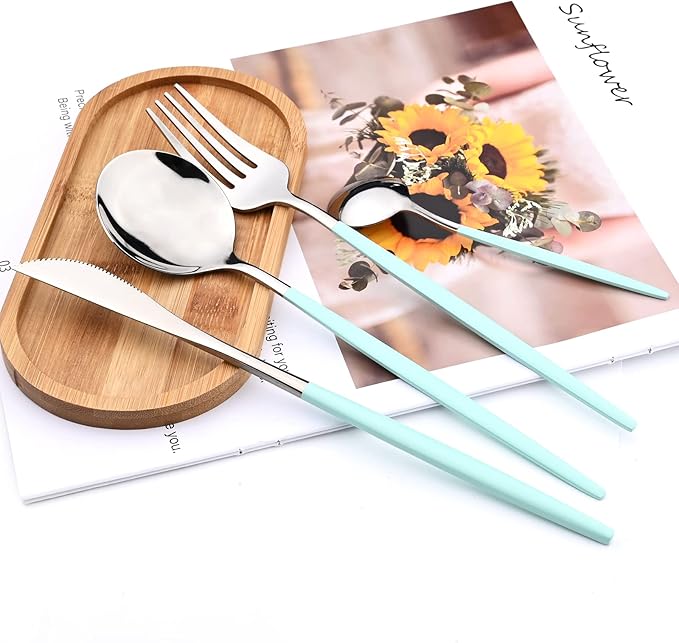 40 Pcs Silverware Set With Teaspoon For 10, Food Grade Stainless Steel Utensils Tableware Set, Elegant & Simple Flatware Serving Set Include Knife Fork Spoon, Mirror (Mint Green Silver)