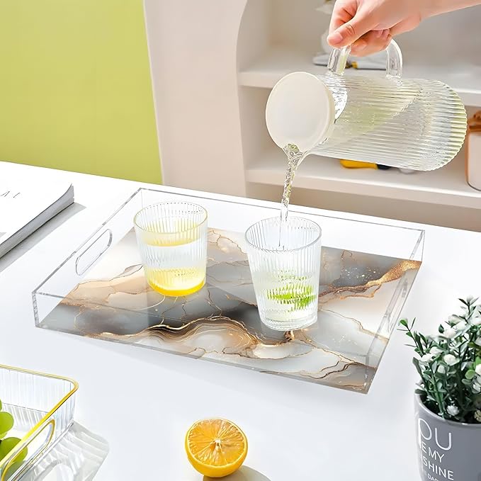 Rectangle Acrylic Tray Marble Gold Silver Acrylic Serving Trays with Handles 12x16 inches Clear Trays for Serving Food Spill-Proof