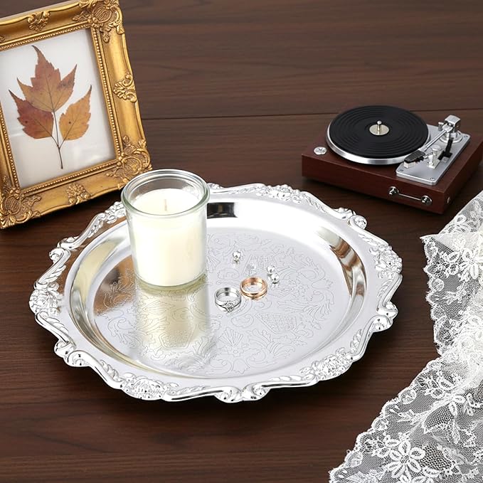 7.8" Silver Tray, Silver Serving Trays Vintage Floral Engraved Mirror Decorative Tray Jewelry Display Trays for Wedding Kitchen Party Centerpiece Display Perfume Organizer