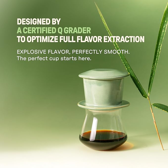 [Holiday Gift] Ceramic Vietnamese Phin Filter by PHINOI, Pour Over Coffee Dripper, 1-3 Cup Coffee Maker with Flower Design, Reusable Coffee Filter for Manual Brewing, Travel Friendly (Celadon Green)