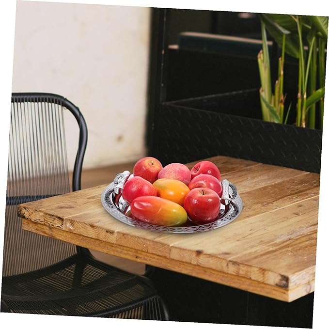 Uonlytech European Style Decorative Round Serving Tray Silver Pattern Multipurpose Fruit Candy Dessert Plate Jewelry Holder for Residential and Hospitality Use