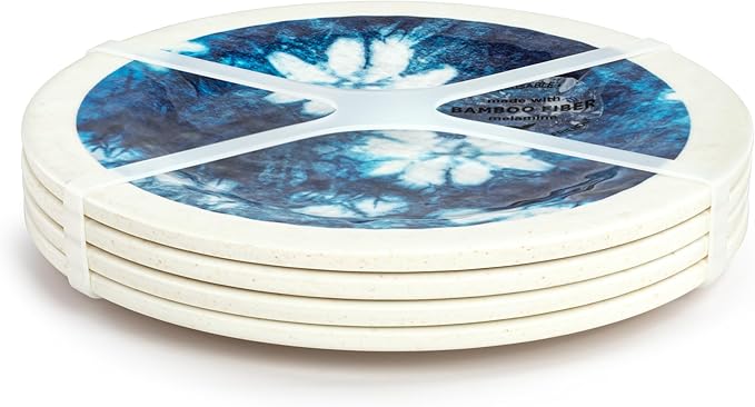DEMDACO Tie-Dye Design - 6.5 Inch Indigo Blue/White Melamine Appetizer Snack Plates; Set of 4