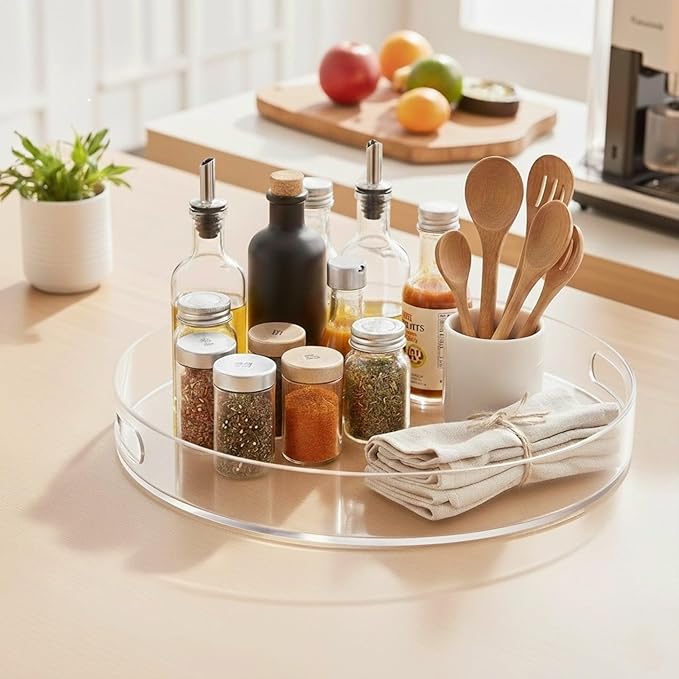 Amazing Abby - Sultana - 1-Pack Acrylic Vanity Tray (12" Dia.), Plastic Bathroom Countertop Organizer, Round Coffee Table Tray, Clear Dish for Home Decor, Great for Makeup, Perfume, Jewelry, and More