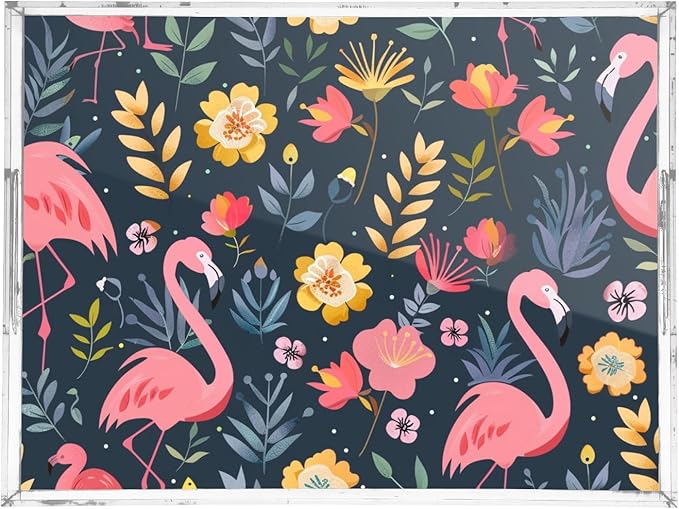 Serving Tray with Handles Clear Acrylic Tray 12x16 Inch Decorative Rectangular Tray Organizer for Ottoman Coffee Table Bathroom Flower and Flamingo Black
