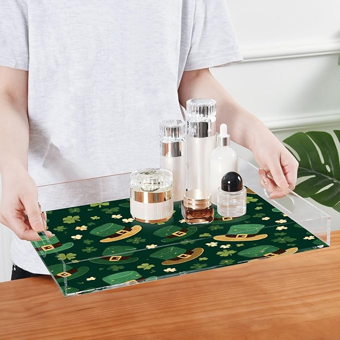 Serving Tray with Handles Clear Acrylic Tray 12x16 Inch Decorative Rectangular Tray Organizer for Ottoman Coffee Table Bathroom Dark Green Shamrocks and Hats